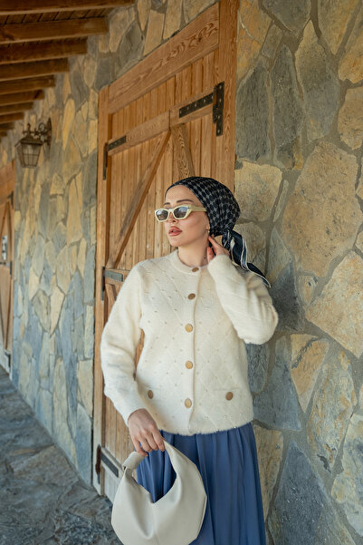 LOCCO Kadın İnci Detay Triko Ceket Bej