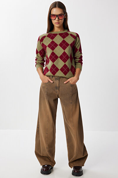 Lovelyİstanbul Pulover din tricot cu textura moale cu model diamant VERDE MARO LPF0096