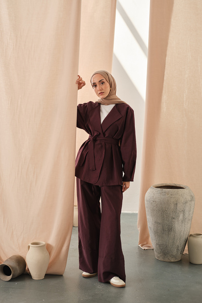 LOCCO Women's Waist-Tie Kimono Set Plum