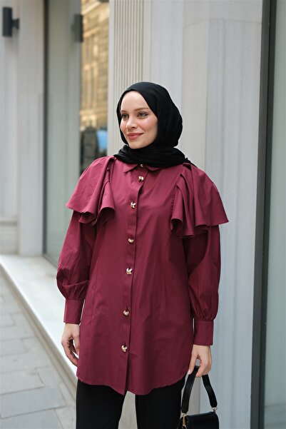 LOCCO Women's Flared Sleeves Button Detailed Shirt Burgundy