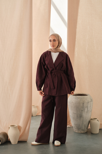 LOCCO Women's Waist-Tie Kimono Set Plum