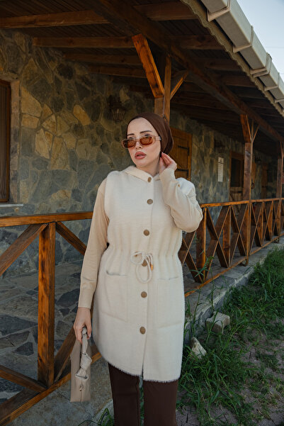 LOCCO Γυναικείο πλεκτό γιλέκο με δέσιμο στη μέση Μπεζ