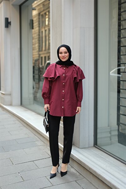 LOCCO Women's Flared Sleeves Button Detailed Shirt Burgundy