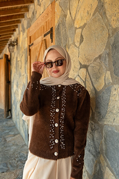 LOCCO Women's Stone Detail Knitwear Jacket Brown