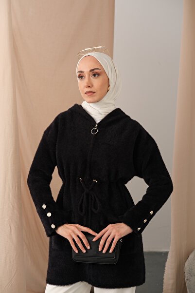 LOCCO Kadın Kapüşonlu Triko Hırka Siyah