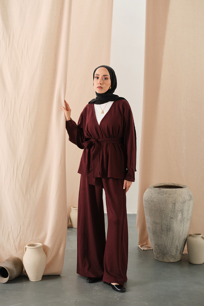 LOCCO Women's Tie-Waist Kimono Set Burgundy