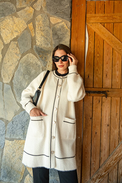 LOCCO Jachetă de tricotat pentru femei, cu gâtul rotund, bej