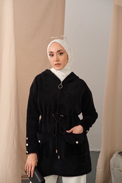 LOCCO Kadın Kapüşonlu Triko Hırka Siyah