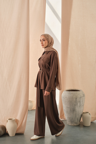 LOCCO Women's Zipper Detail Waist Tie Double Set Brown