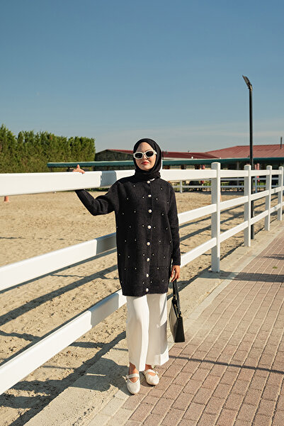 LOCCO Kadın İnci Detay Triko Ceket Siyah