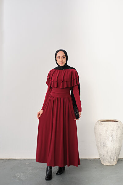 LOCCO Women's Shoulder Ruffle Detail Dress Burgundy