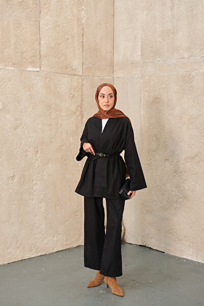 LOCCO Kadın Deri Kemerli Kimono Takım Siyah