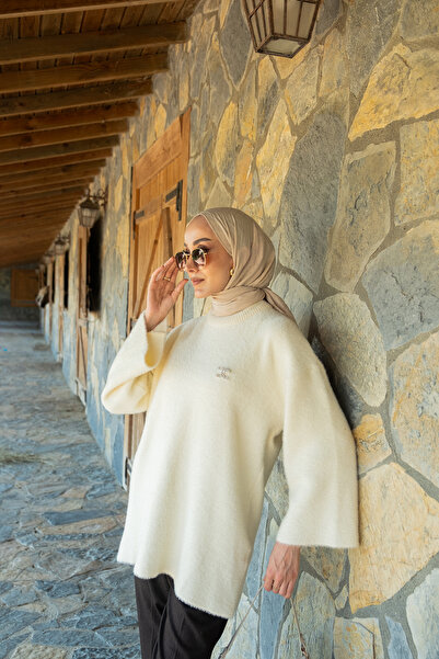 LOCCO Γυναικείο Πλεκτό Τούνικ Μπεζ με Πέτρινη Λεπτομέρεια