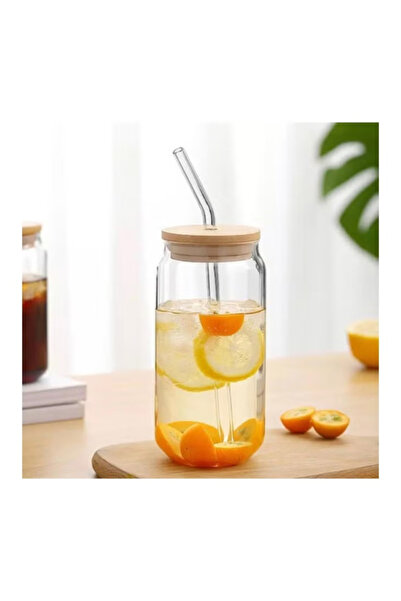 package home 3 Glass Drinking Cups with Bamboo Wooden Lid and Straw 550mm