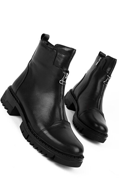 Lal Shoes & Bags Videas Kadın Hakiki Deri Fermuar Detaylı Dikiş Detaylı Bot-siyah