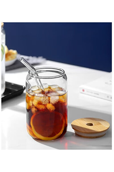 package home 3 Glass Drinking Cups with Bamboo Wooden Lid and Straw 550mm