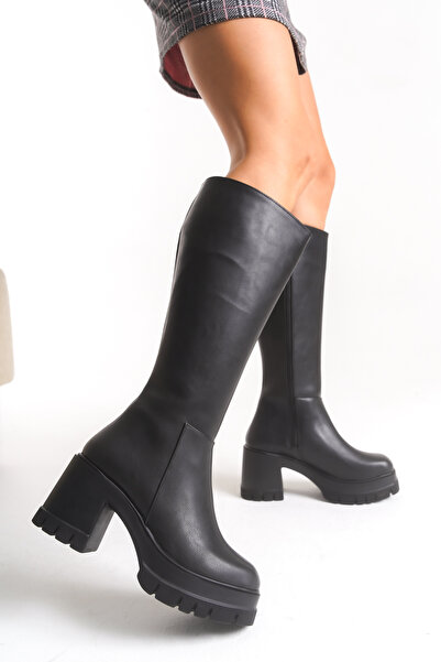 Limeo Dámské černé kozačky s kulatou špičkou na platformě na podpatku kožené dlouhé kozačky na zip