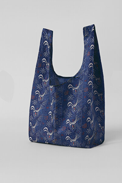 PUREYSMA Lacivert Desenli Katlanabilir Bez Alışveriş Çantası – Suya Dayanıklı, Kılıflı ve Taşınabilir