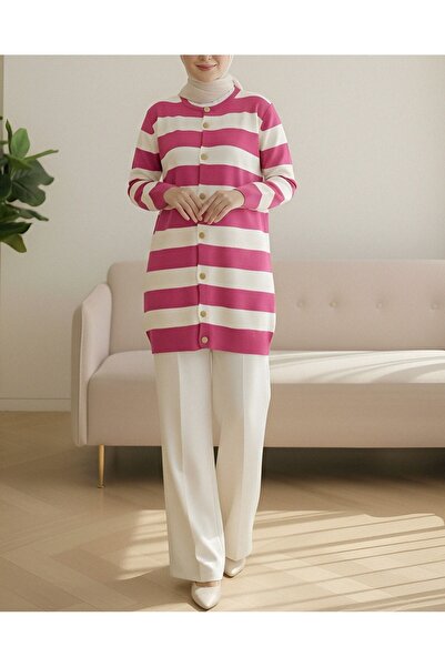 Modamorfo Ringelli Metal Button Steel Knit Casual Cardigan -Fuchsia