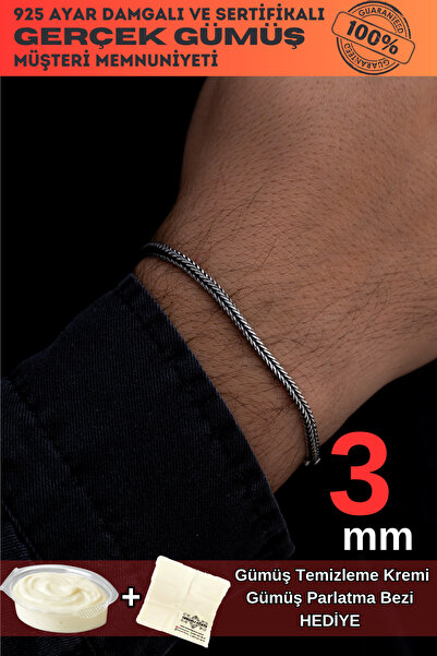 OSMANLI GÜMÜŞ Erkek Gümüş Bileklik - 3mm Tilki Kuyruğu Model Gümüş Bileklik