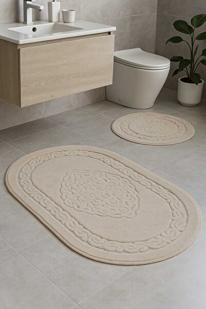 HOMEMOME Cotton Oval Bath Mat Set of 2 Stone 60*100 & 50*60
