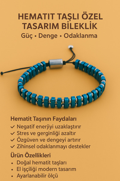 ABAS "Doğal Taş Hematit & Metalik Mavi Tasarım Bileklik"