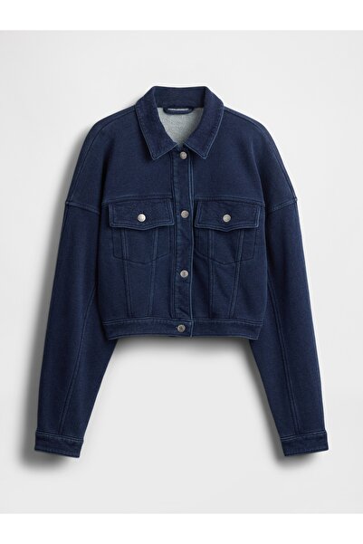 GAP Kadın Koyu Mavi Fransız Havlu Kumaş Crop Icon Denim Ceket