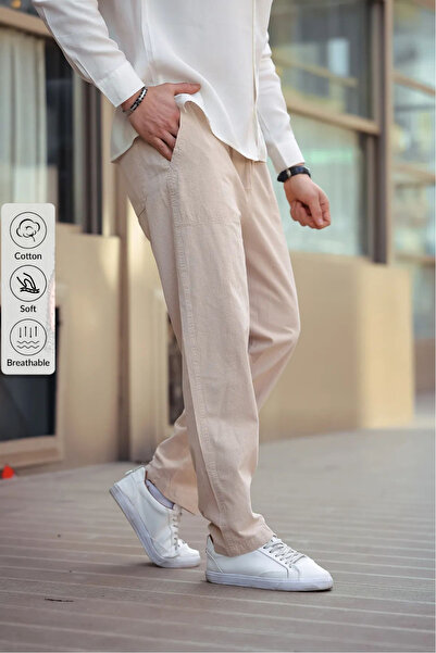 COMBİNE MİCHAİL Мъжки летни ленени панталони в бежов цвят