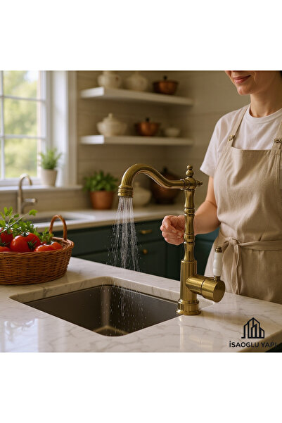 İSAOĞLU YAPI Antik Gold Zen Design Rustik Mufak Bataryası Mat Gold Rustik Batarya Pirinç Musluk Altın Evye Musluk