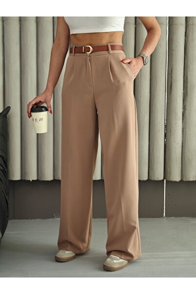 alanora Women's Elastic Waist Belted Flowy Loose Palazzo Fabric Trousers