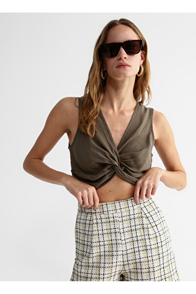 Fabrika V Yaka Düz Haki Kadın Bluz BITTE