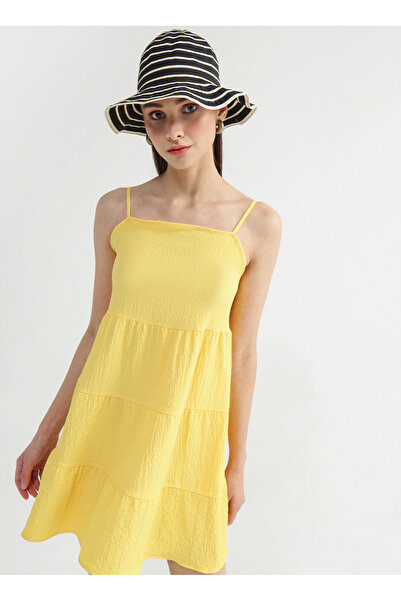 Fabrika Sarı Kadın Askılı Mini Geniş Fit Armürlü Kare Yaka Elbise NASU