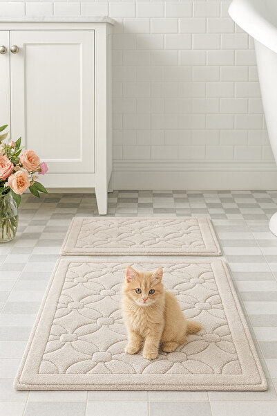 HOMEMOME Βαμβακερό χαλάκι μπάνιου Floral Σετ 2 Τεμαχίων Πέτρα 60*100 & 50*60