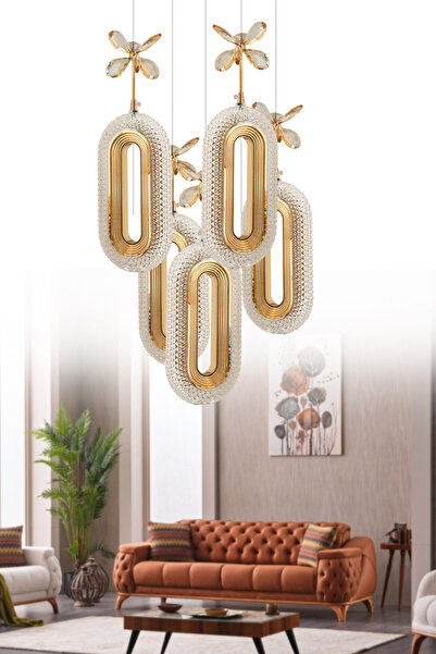 İstanbul Avize Alfa Led 5'li Gold Kumandalı 3 Renk Ledli Modern Led Avize