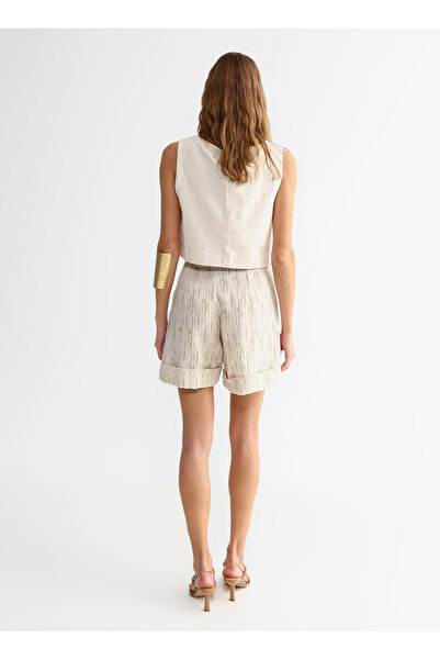 FABRIKA COMFORT Bej Kadın Yüksek Belli Basic Desenli Keten Şort CM-ZETA