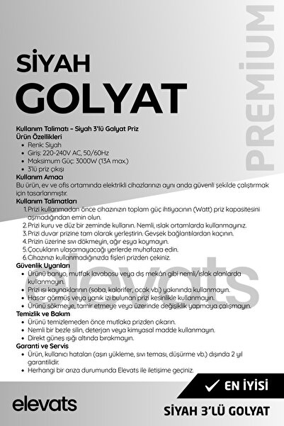 Elevats Premium Siyah 3’lü Papatya Golyat Priz | Çoklu Priz | 3'lü Priz | Priz Çoğaltıcı | 3'Lü Golyat