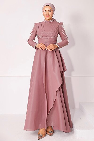 Olcay Taft Satin Hijab Evening Dress with Stone Embroidered Pleats and Flywheel Detail Gül 1215