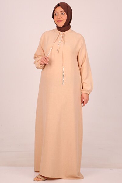 Eslina F-42010 Φόρεμα με κουμπιά από λινό αιρομπίν μεγάλου μεγέθους-μπεζ