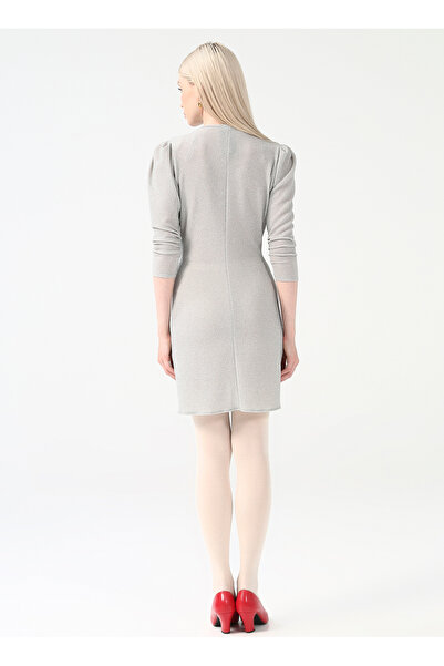 Fabrika Kruvaze Yaka Simli Gri Mini Kadın Elbise CHR-7