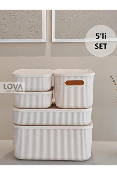 Lova 5'li Çok Amaçlı Mutfak,Banyo Giysi Kapaklı Dolap İçi Düzenleyici Set (Krem)