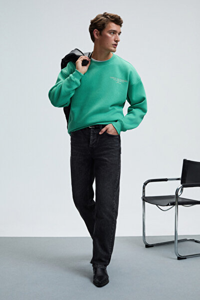 GRIMELANGE Ανδρικό φούτερ με στρογγυλή λαιμόκοψη PERCY με κέντημα στο στήθος και στάμπα στην πλάτη, υπερμεγέθη πράσινο φούτερ