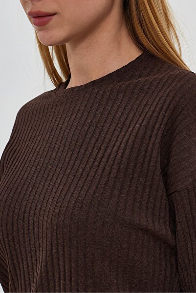 Oyga Γυναικεία Coffee Women Ribbed Report & Sweatpants, Casual Home Wear Σετ πιτζάμες