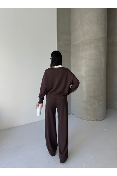 moda paketi Дамски панталони с широки крачоли и бяла блуза с плетен яка - мека модална материя