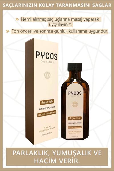 PYCOS COSMETICS Argan Yağı 95 Ml, Saç Uzatıcı , Güçlendirici, Kırılma Önleyici, Yumuşatan Yoğun Argan Saç Bakım Yağı
