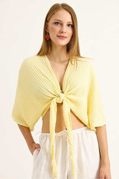 Raneel Kazançlı Alışveriş Yellow women's batwing sleeve blouse with front tie