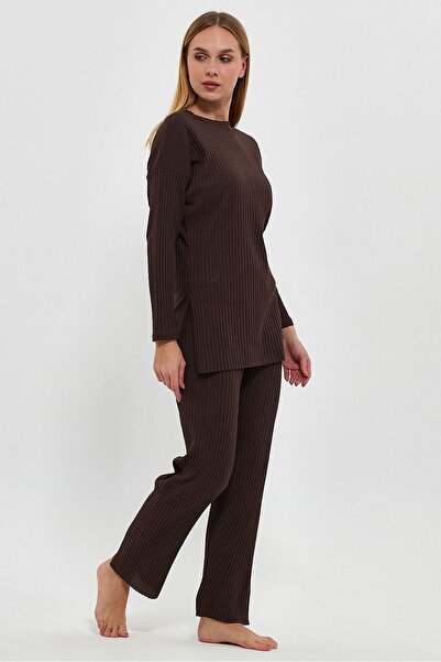 Oyga Γυναικεία Coffee Women Ribbed Report & Sweatpants, Casual Home Wear Σετ πιτζάμες