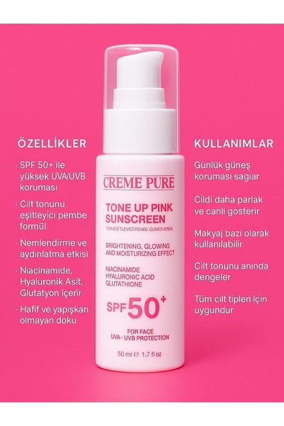 CREME PURE Leke Karşıtı Ton Eşitleyen Spf 50+ Pembe Renkli Güneş Kremi Glutatyon, Hyaluronik Asit Etkili 50 ml