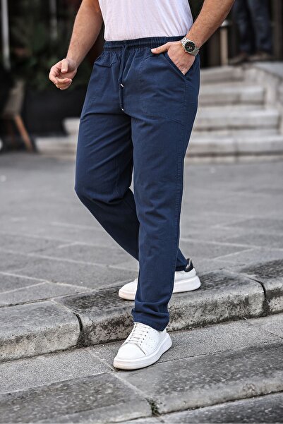 COMBİNE MİCHAİL Сині літні чоловічі штани з суміші льону Relaxed - LACİVERT