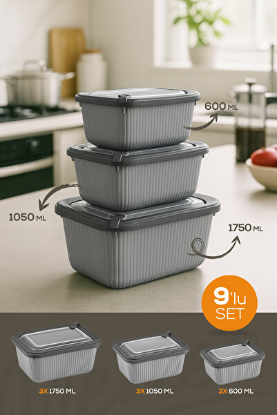 Vienev 9-Piece Vip Rectangular Microwave and Diffracted Suitable Storage Container Set Gray 3X(1750,1050,600 ml)