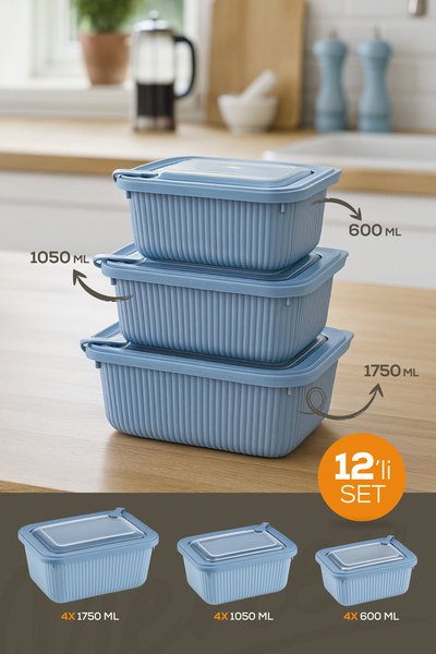 Vienev Set of 12 Vip Rectangular Microwave and Diffracted Suitable Storage Containers Blue 4X(1750,1050,600 ml)